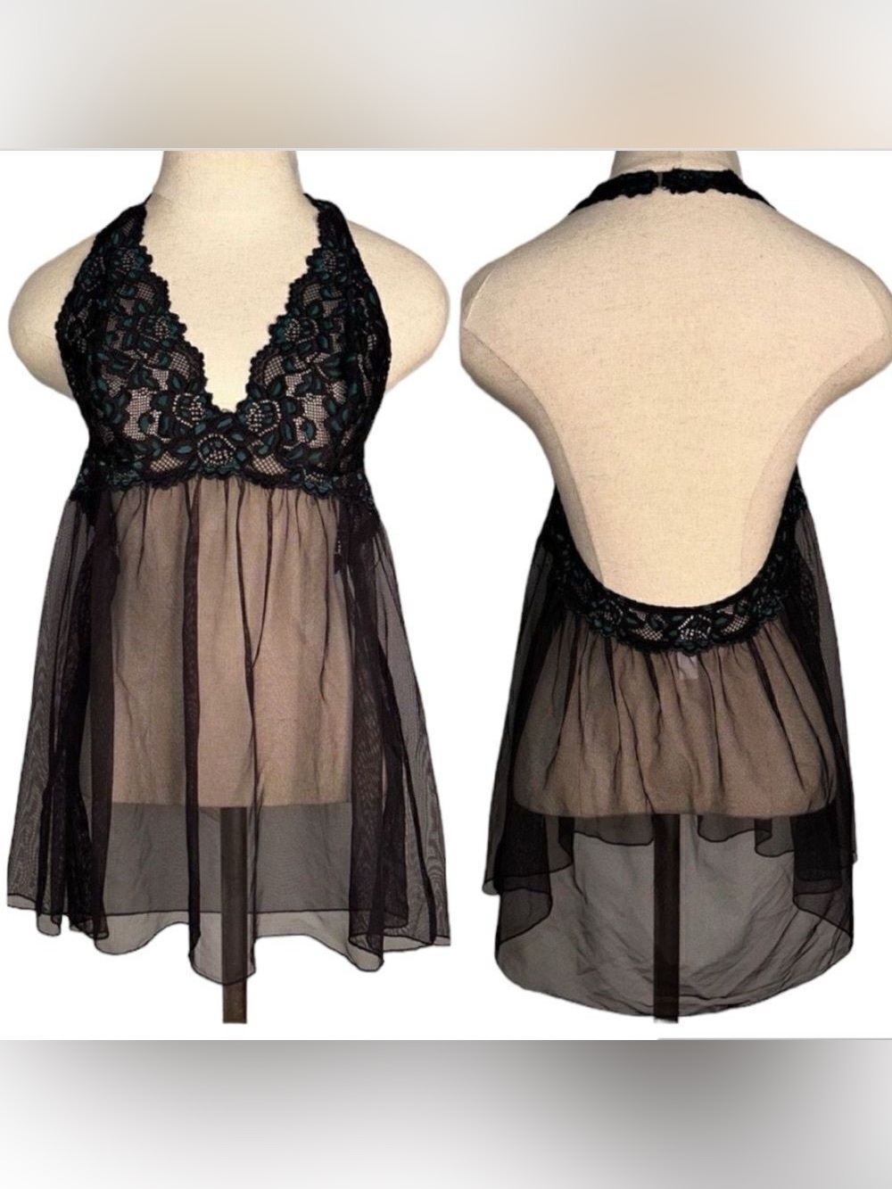 Vintage Goth Glam Frederick's of Hollywood Lace Halter Babydoll Chemise Large 🔥